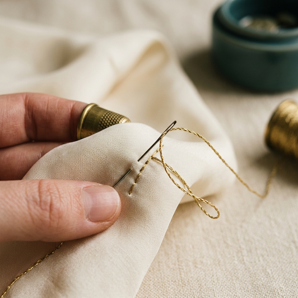 Macro of a needle pulling gold thread through cream silk in tiny, precise stitches