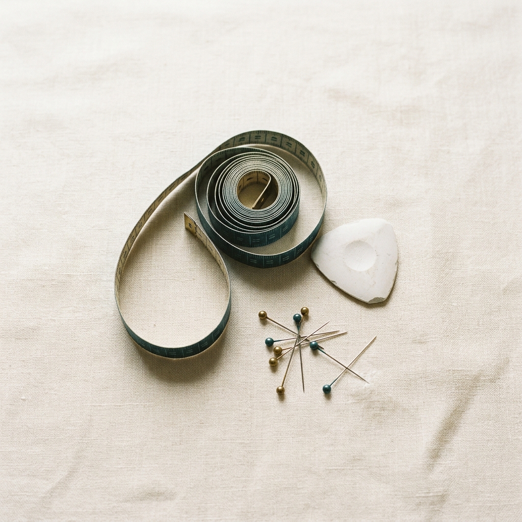Flat lay of a coiled tape measure, tailor's chalk and pins on cream fabric