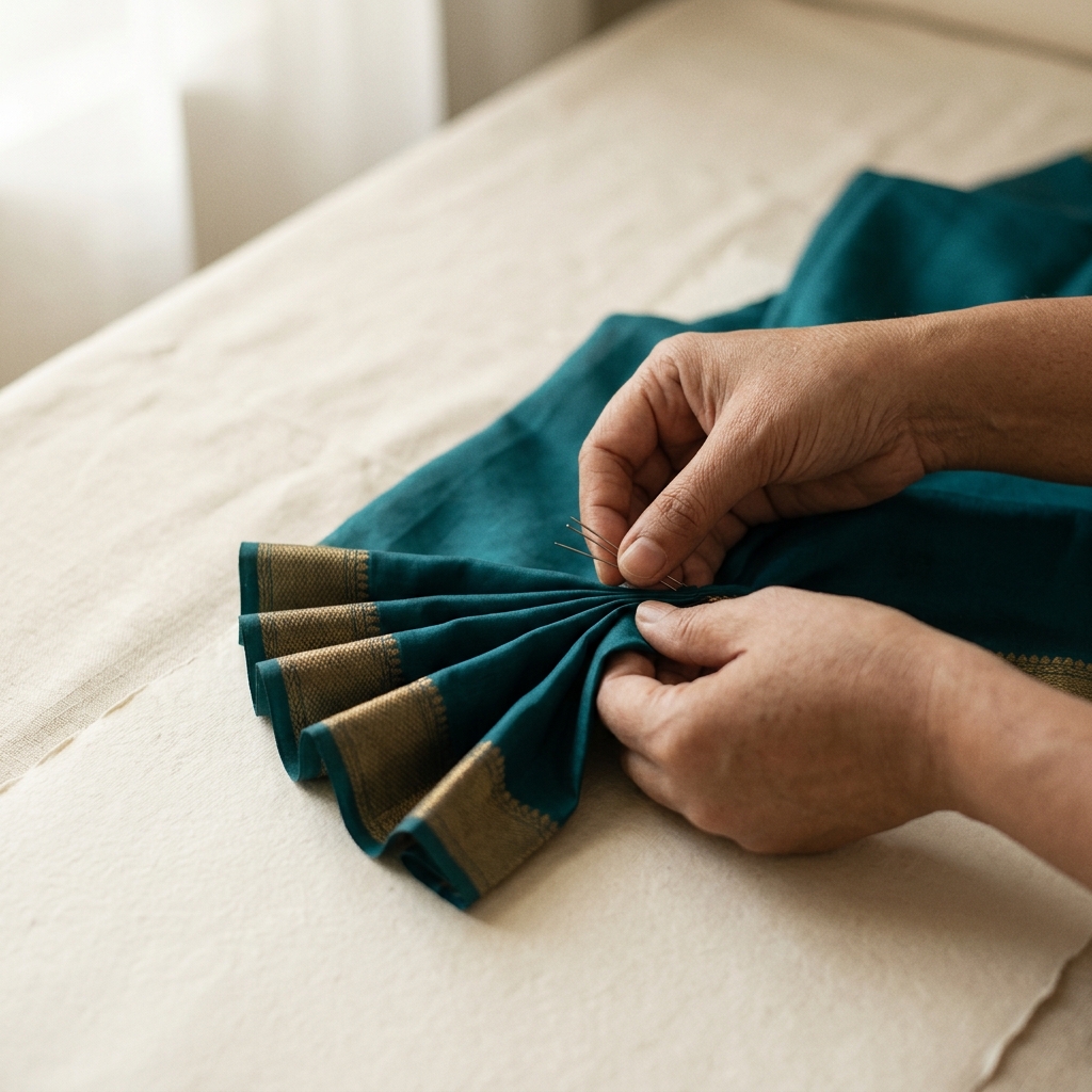 Hands setting fan-shaped pleats into the gold border of a deep teal saree