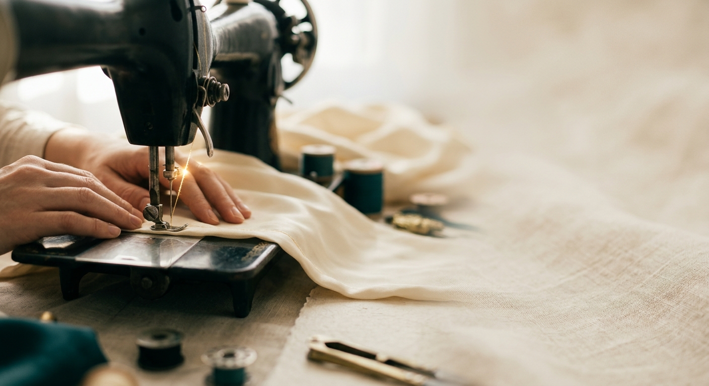 Hands guiding cream silk under the needle of a vintage sewing machine, a strand of gold thread catching the light