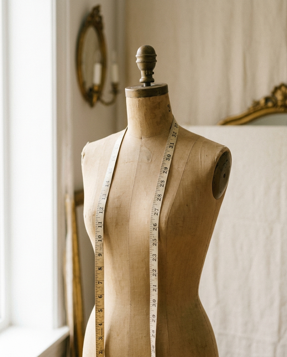 A cloth tape measure draped around the shoulders of a wooden dress form