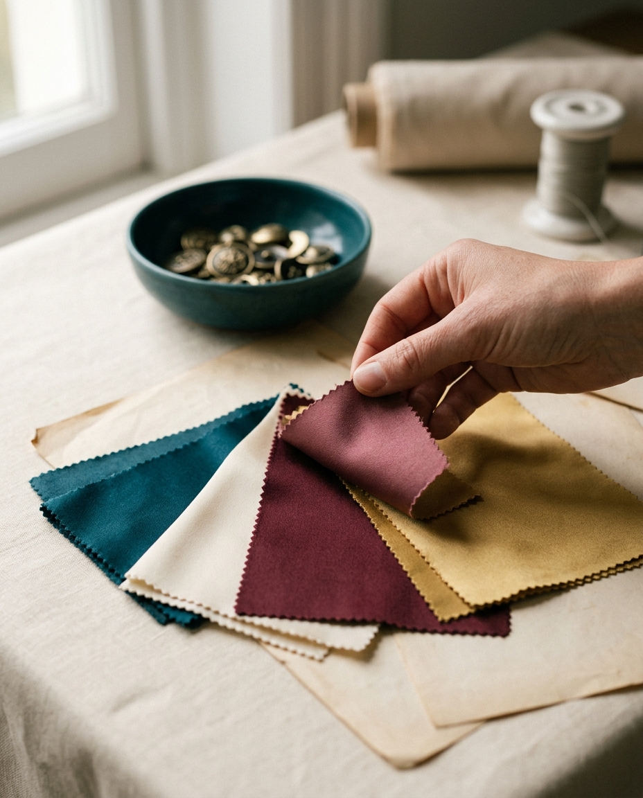 A fan of silk swatches in teal, cream, maroon and gold