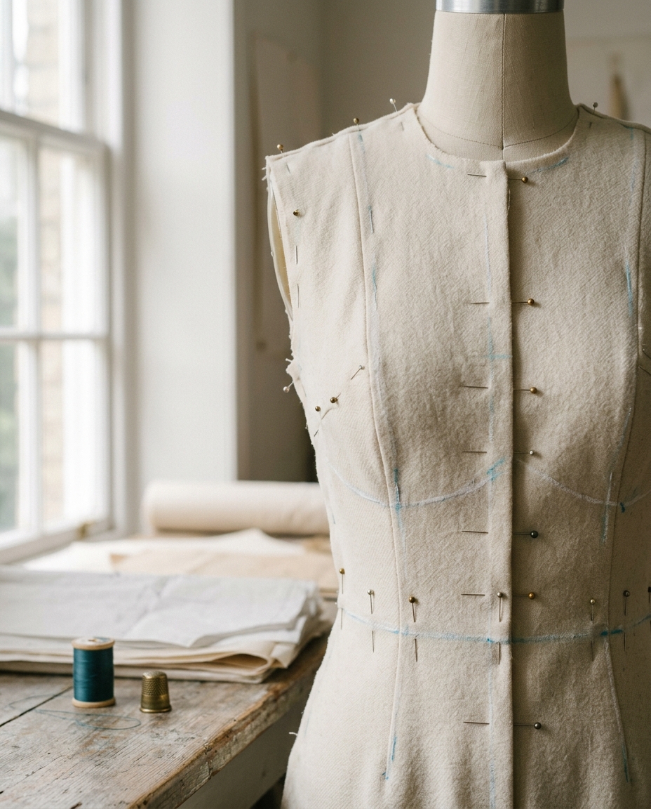 A half-finished garment pinned on a dress form with chalk marks visible