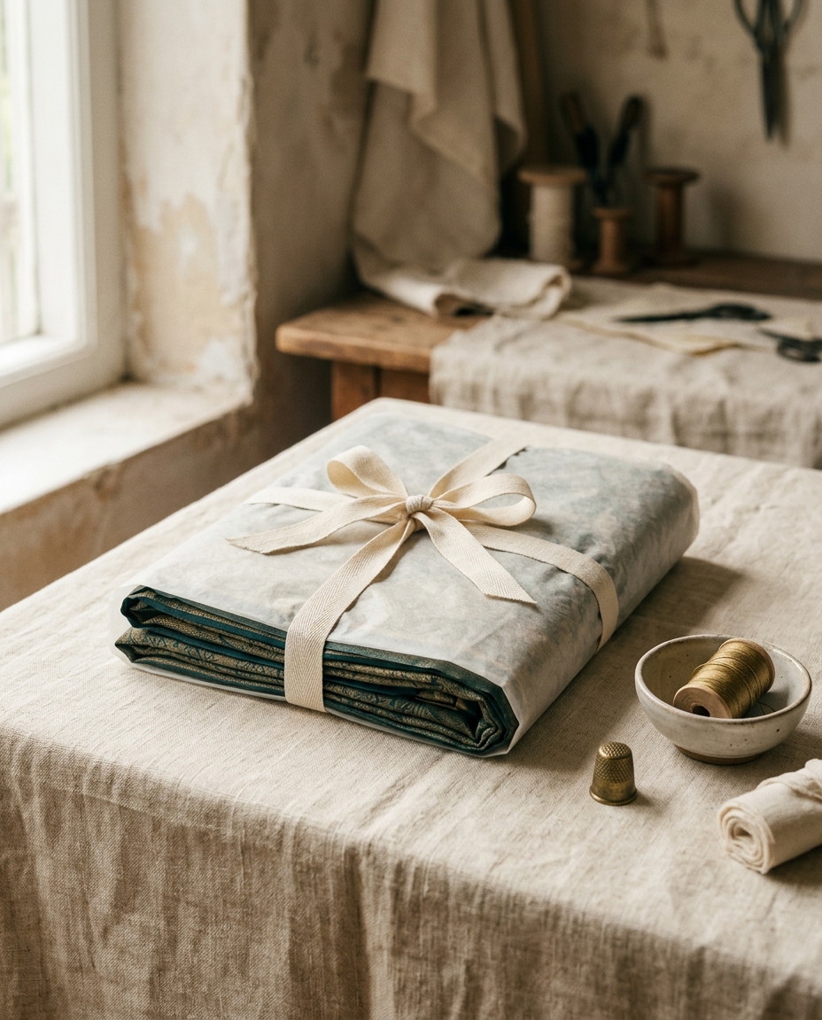 A folded finished saree in tissue paper, tied with cream ribbon