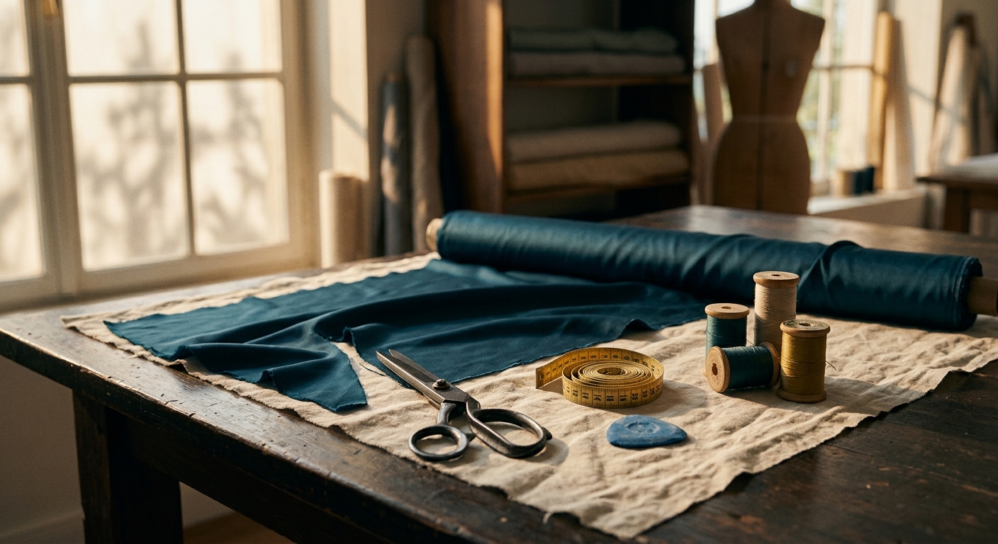 Empty tailor's workbench at golden hour, with chalk, shears, a tape measure and a half-cut length of teal silk